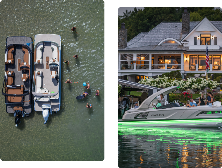 On the left, two boats are anchored with people swimming around them in shallow water. On the right, a lit pontoon boat passes by a large, elegant waterfront house at dusk.