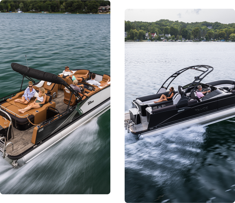 Two images of pontoon boats on a lake highlight popular pontoon boat brands. The left boat has five people relaxing on brown seats, while the right features two people on a sleek, black design, moving swiftly. Both scenes capture a clear day with lush greenery in the background.