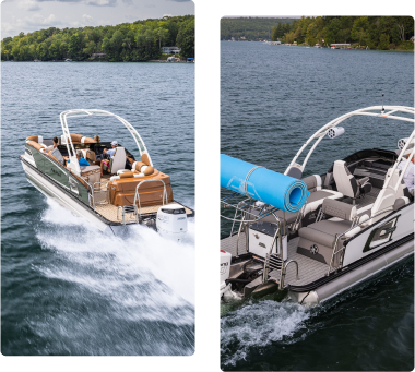 Two images of pontoon boats on a lake showcase the fun and leisure they offer. The left boat speeds along with people onboard, while the right carries a blue rolled-up mat, seen from behind. Both glide through blue waters near a lush green shoreline—a scene that prompts thoughts about pontoon prices.
