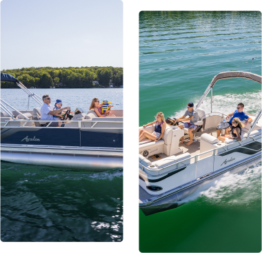 Two photos depict people enjoying a ride on pontoon boats in a sunny lake setting. The vessels, showcasing boat terminology like "deck" and "hull," have multiple passengers relaxing, including adults and children, with lush green trees in the background and calm water surrounding them.