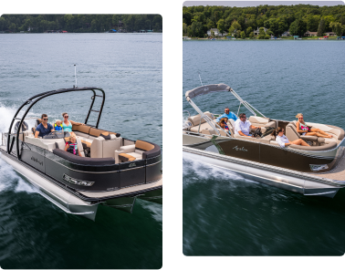 Two pontoons, expertly crafted with modern boat terminology, float on a sunlit lake as groups of people enjoy the day. The first pontoon boasts a dark and tan design, while the second displays a sleek, light-colored finish. In the background, a forested shoreline frames cozy houses.