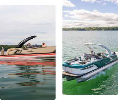 Two motorboats on a sunny day, showcasing splendid boat terminology. The first is cream-colored with black details resembling a classic hull, while the second boasts a sleek, teal-and-white design. Both vessels cruise on calm green waters as passengers enjoy the smooth ride.