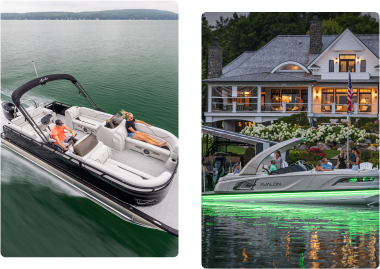 Two images of boats on a lake: the first captures a black vessel with people relaxing onboard; the second depicts a white craft with green lights, positioned in front of a large house at the shoreline. Both are cruising in calm, verdant water, demonstrating expert boat terminology in action.