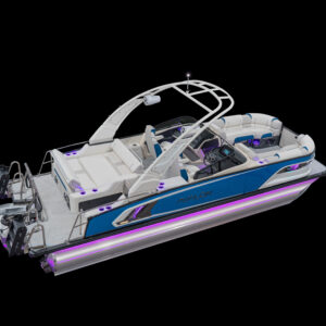 The Excalibur LTD Flex Lounge is a modern blue and white pontoon boat featuring cushioned seating, a sleek arched canopy, control console, and purple LED accent lights, displayed against a black background.