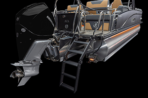 A close-up view of the rear of a pontoon boat with a black outboard motor, foldable metal boarding ladder, gray side panels, and tan cushioned seats, all set against a black background.