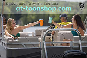 Two women in swimsuits relax on a boat, toasting drinks, with other people in the background. The text reads: "Cheers to your new favorite online store at-toonshop.com.