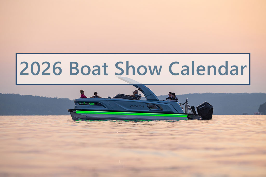 A modern motorboat with glowing green lights floats on calm water at sunset, carrying several people. Overlaid text reads “2026 Boat Show Calendar.”.