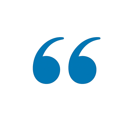 Blue quotation mark symbol on a light gray background.